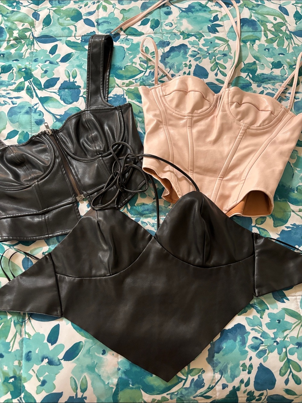 Collection of 3 Sz S Bustiers Pleather Black & Pink EUC